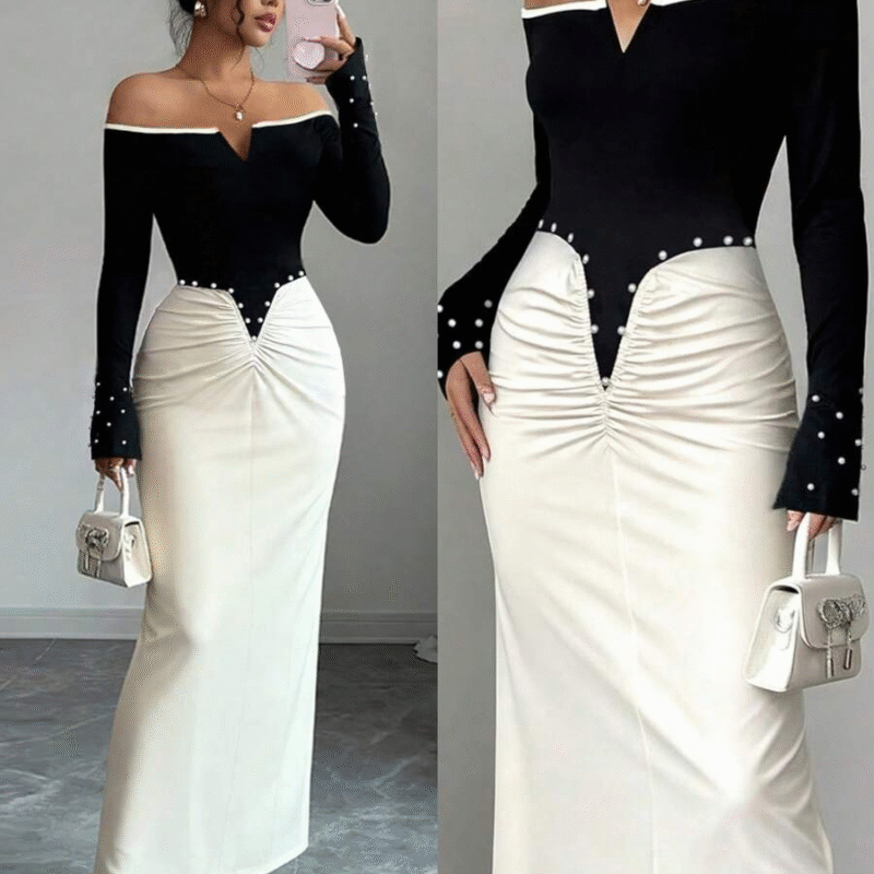 Elegante vestido largo de mujer de manga larga...